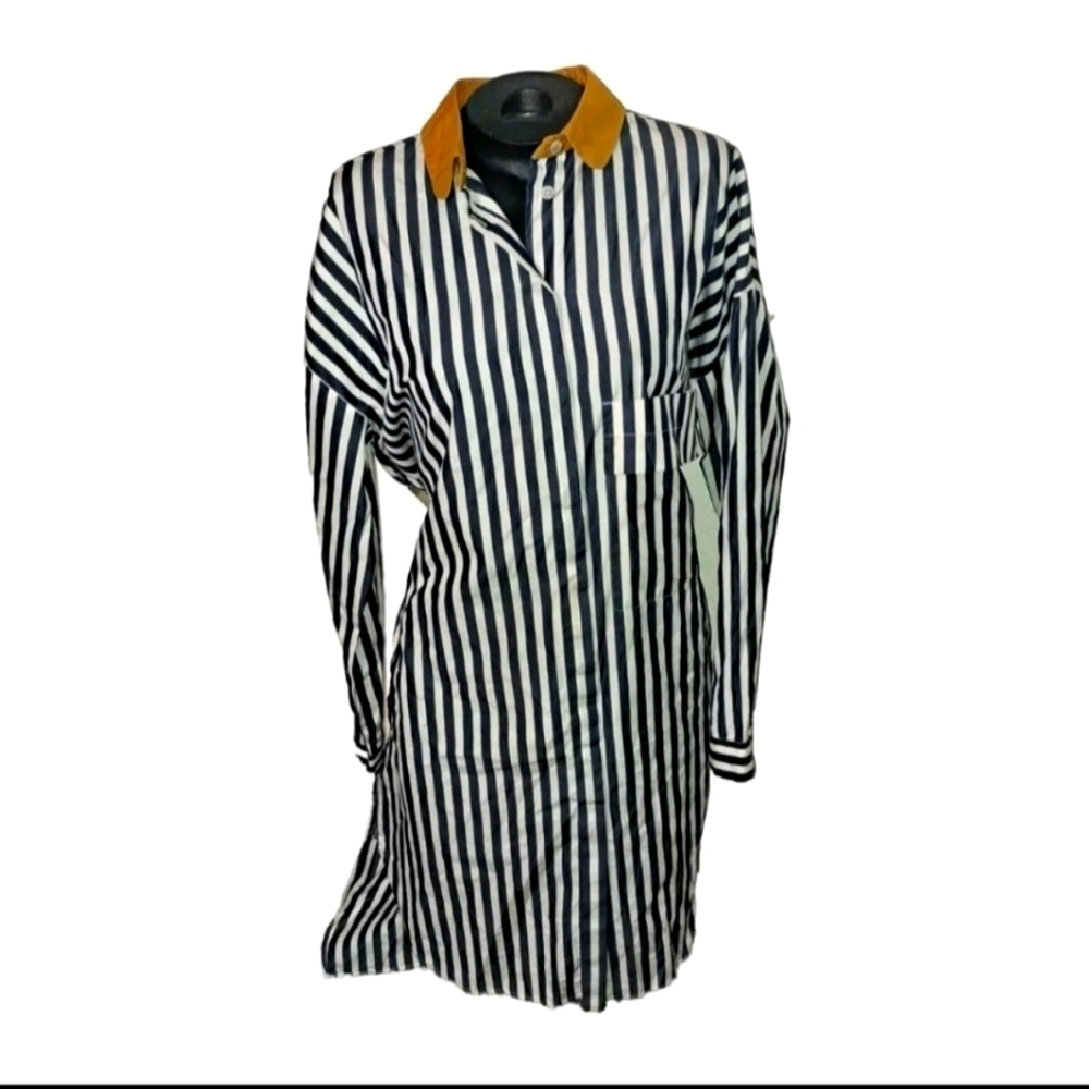 Odeeh Striped Blue & White Long Sleeve Shirt Dress Button Down Size 38 B20#6